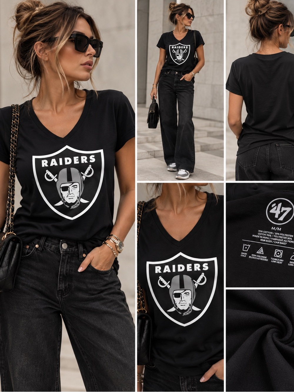 47 Black Raiders Graphic V-Neck & Black Wide-Leg Jeans Set